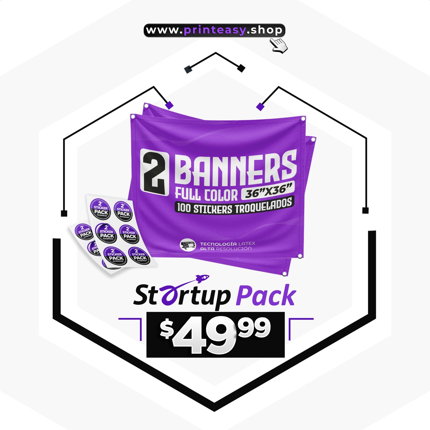 2 Banners 36×36 + 100 Stickers Troquelados