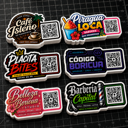 Sticker QR Die Cut · Tu logo + QR · Hecho fácil