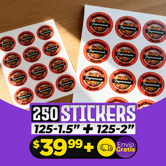 250 Stickers Redondos – 125 de 1.5" + 125 de 2" | Full Color